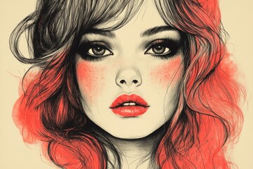 Fototapeta premium Artistic portrait of a woman with vibrant red hair and striking makeup showcasing expressive features and creative style