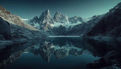 A lake reflects snowcovered mountains surrounding it