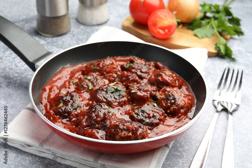 Sticker Delicious meatballs with tomato sauce and herbs in served on grey table