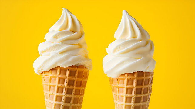 Two vanilla soft serve ice cream cones on vibrant yellow background