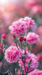 Soft pink carnation flowers with delicate raindrops on their petals, set against a dreamy blurred background, creating a peaceful and refreshing scene.