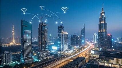 Obraz premium Modern city skyline illuminated at night with wireless signals