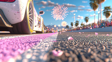 Vibrant racing scene with colorful fireworks and crowd celebrating at sunset on a tropical beachside track