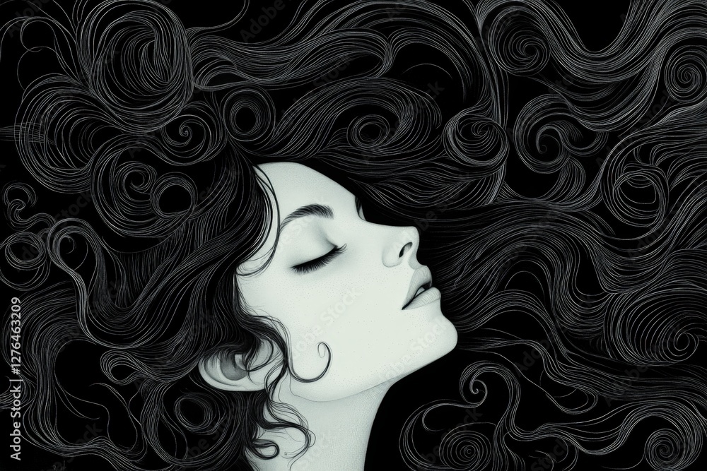 Poster elegant woman with flowing hair and intricate swirl patterns against a dark background in a mesmeriz