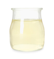 Organic coconut cooking oil in glass jar isolated on white