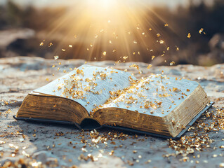 Enchanted open book surrounded by sparkling dust and golden light beams in a magical sunset landscape
