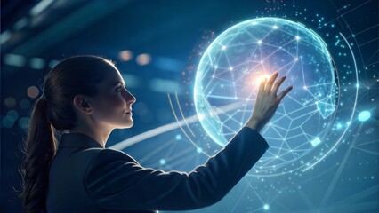 Woman interacting with a digital globe in a futuristic setting