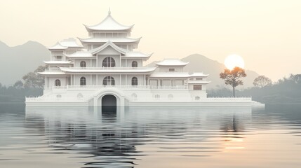 Obraz premium Misty Sunrise Over Floating White Pagoda