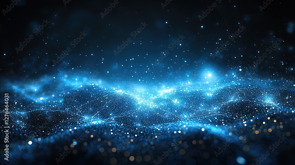 Poster abstract representation of a glowing blue wave with sparkling particles against a dark background