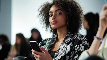 Social media rumors affecting a woman at a fashion show. Featuring concern and distraction