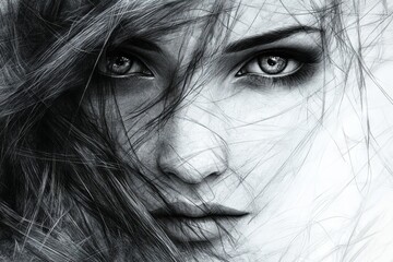 Obraz premium Intricate pencil drawing of a woman's face with flowing hair and striking eyes, showcasing remarkable detail and artistry