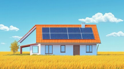 A detailed model of a house that features solar panels installed on the roof