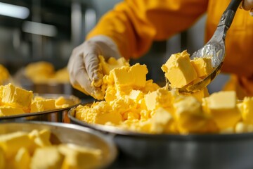 Worker scoops butter cubes in factory production line