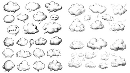 a collection of various cloud and speech bubble illustrations in a monochromatic style. The set includes different shapes and sizes of clouds, along with several speech bubbles