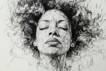 Expressive artwork depicting a woman with curly hair immersed in tranquility and serenity in a detailed monochrome style