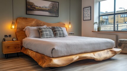 Modern bedroom with sculpted wood headboard