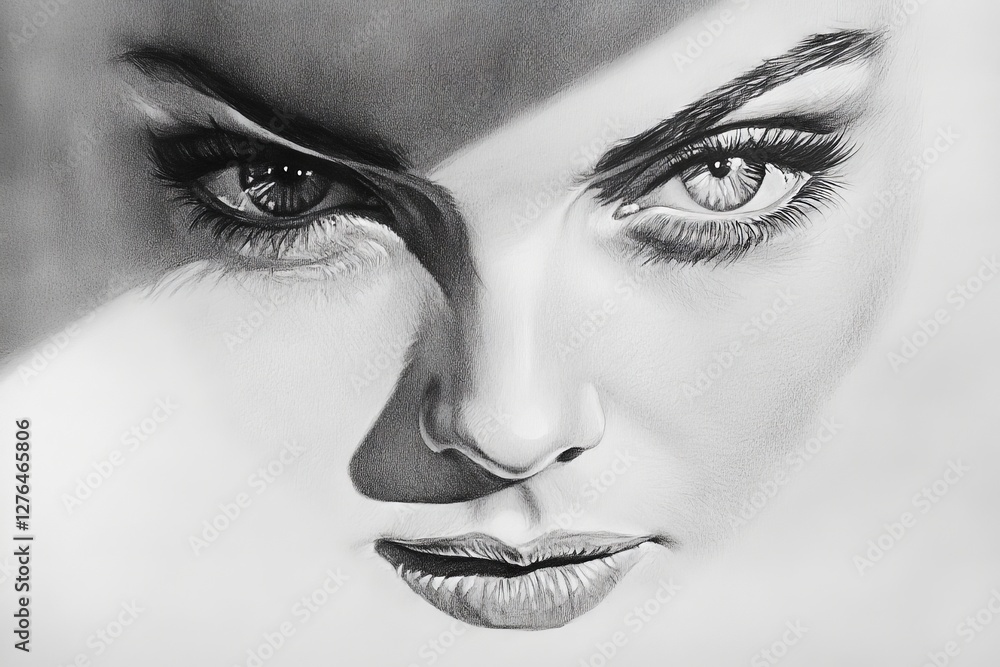 Poster drawing of a woman's face with intense gaze and detailed features reflecting artistry and skill