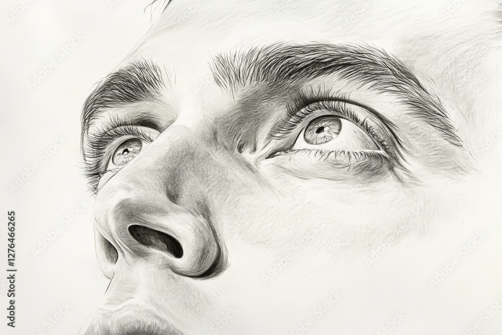 Poster detailed pencil drawing of a man looking upwards with a thoughtful expression and intense gaze