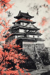 Beautiful cherry blossom flower and vintage building in Spring.