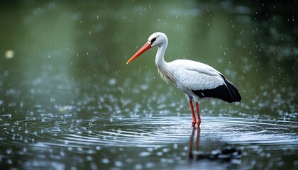 Obraz premium A white stork stands in shallow water during a rainstorm