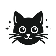 Black cat face vector logo icon, simple flat design on a white background, no shadow under the head of the black, cute kitten, vector illustration style, simple line art, symmetrical composition, logo