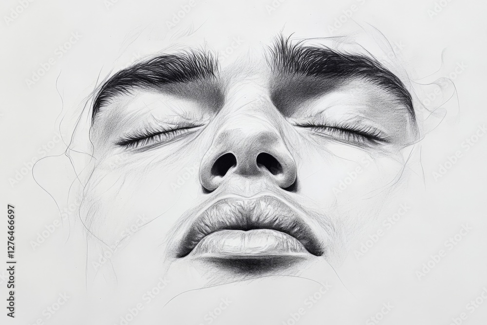 Poster detailed sketch of a serene face with closed eyes showcasing intricate shading and lifelike features