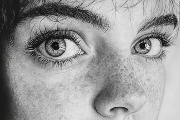 Portrait of a young person with striking eyes and freckles captured in detailed black and white artistry
