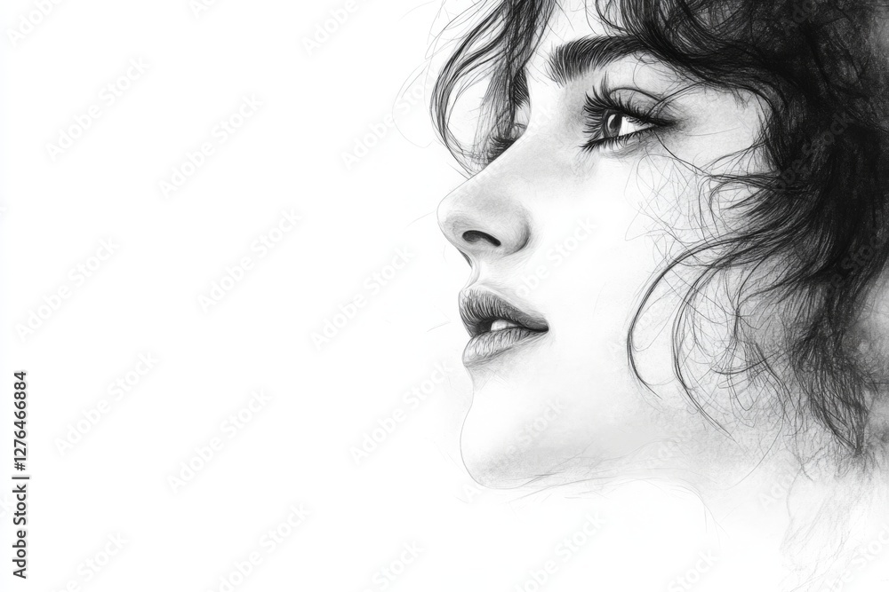 Poster portrait showcasing the delicate features of a young woman captured in a detailed graphite drawing w