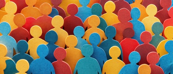 Colorful paper cutouts of diverse people gathered in a crowd, symbolizing community and inclusivity in a vibrant setting