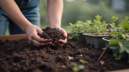 Hands holding soil in garden bed with plants growing nearby