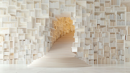 Elegant minimalist staircase leading to a book wall, symbolizing knowledge and exploration in a modern space