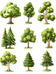 Nine lush green trees, nature, environment, design elements, illustration, digital art, background
