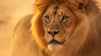 Fototapeta premium Majestic lion with golden mane in warm, sandy environment