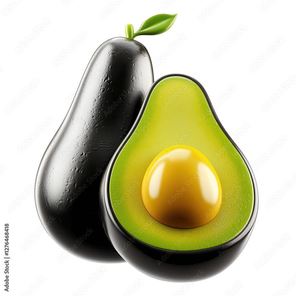 Poster this image features a 3d rendering of a black avocado, showcasing its smooth surface and vibrant gre