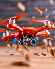 Orange drone flying, wood chips background, action shot, tech