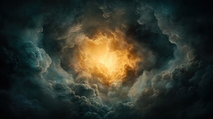Obraz premium Majestic clouds swirl dramatically with a radiant golden light emerging from the center, creating an ethereal and otherworldly atmosphere, Ideal for fantasy themes, illustrations, or backgrounds,