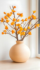 Orange flowers in beige vase near window. Home decor