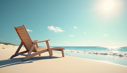 Lonely lounge chair on a sandy beach with calm waves in the background, bathed in soft sunlight