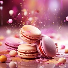 Obraz premium A selection of pastel macarons with a shiny finish are placed on a reflective surface. Colorful sprinkles surround them, creating a playful, soft, and dreamy ambiance, ideal for backgrounds.