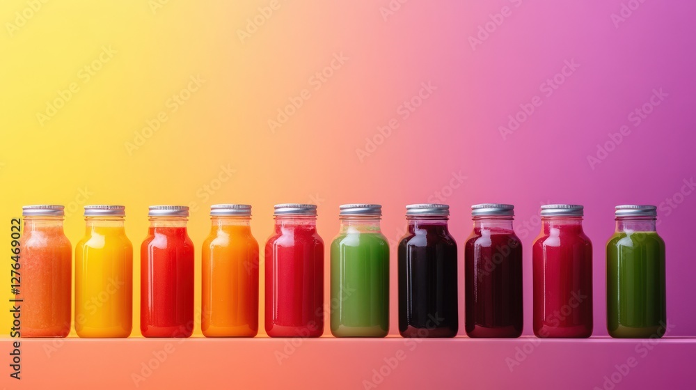 Poster colorful array of juice bottles on a shelf against a vibrant gradient background