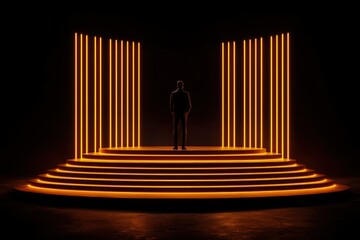 Man on illuminated stage with neon lights, dark background, potential for presentations