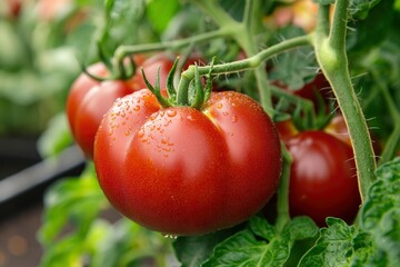 Ripe tomatoes growing on vine in greenhouse, ready for harvest