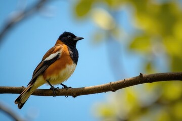 Fototapeta premium Brown magpie resting on a twig in a deciduous tree against sunny sky, twig, brown, wildlife