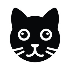 Black cat face vector logo icon, simple flat design on a white background, no shadow under the head of the black, cute kitten, vector illustration style, simple line art, symmetrical composition, logo