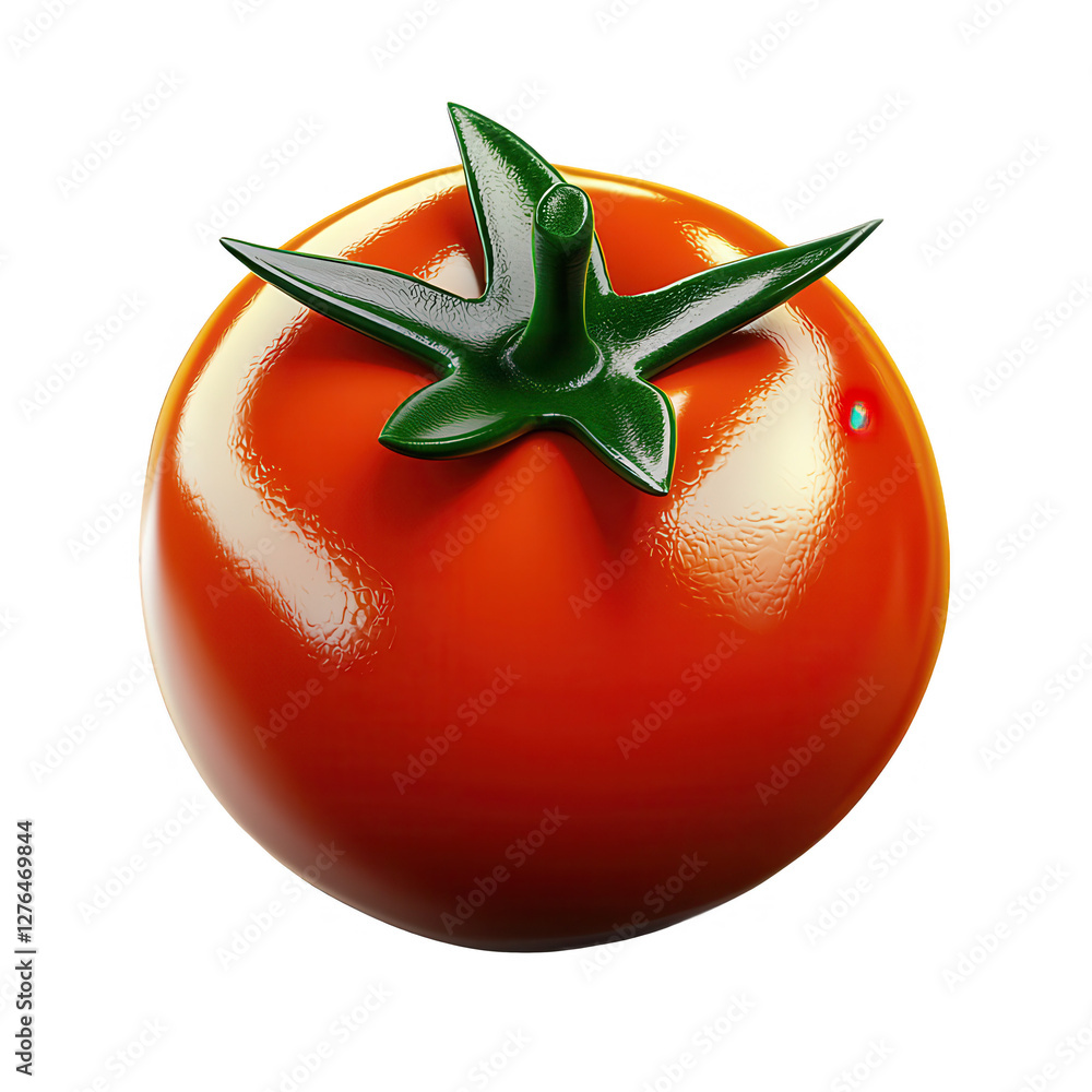 Poster a realistic 3d render of a shiny red tomato with green leaves, showcasing its smooth texture and vib