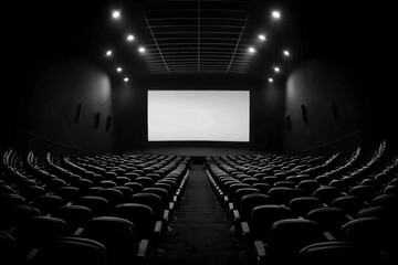 Naklejka premium Empty cinema auditorium with blank screen and seats