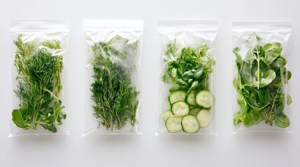 Fresh herbs and sliced cucumbers packaged in clear bags for easy storage and meal prep