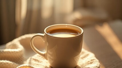 Fototapeta premium A sunlit mug filled with creamy goodness and warmth, coffee, soft light, cozy feel