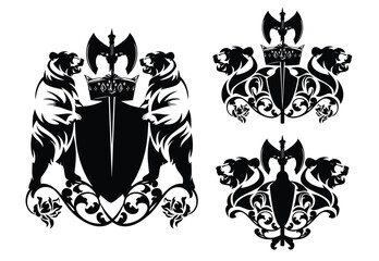 Fototapeta premium medieval fairy tale heraldic shield with standing bears, crown and axe among rose flowers - fantasy royal coat of arms black and white vector design set
