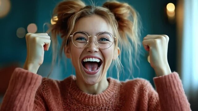 Joyful Triumph: A close-up captures a radiant young woman's jubilant expression as she celebrates a victory, embodying pure elation and happiness. 